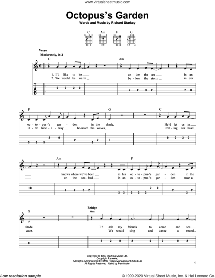 Octopus's Garden sheet music for guitar solo (easy tablature) by The Beatles and Richard Starkey, easy guitar (easy tablature)
