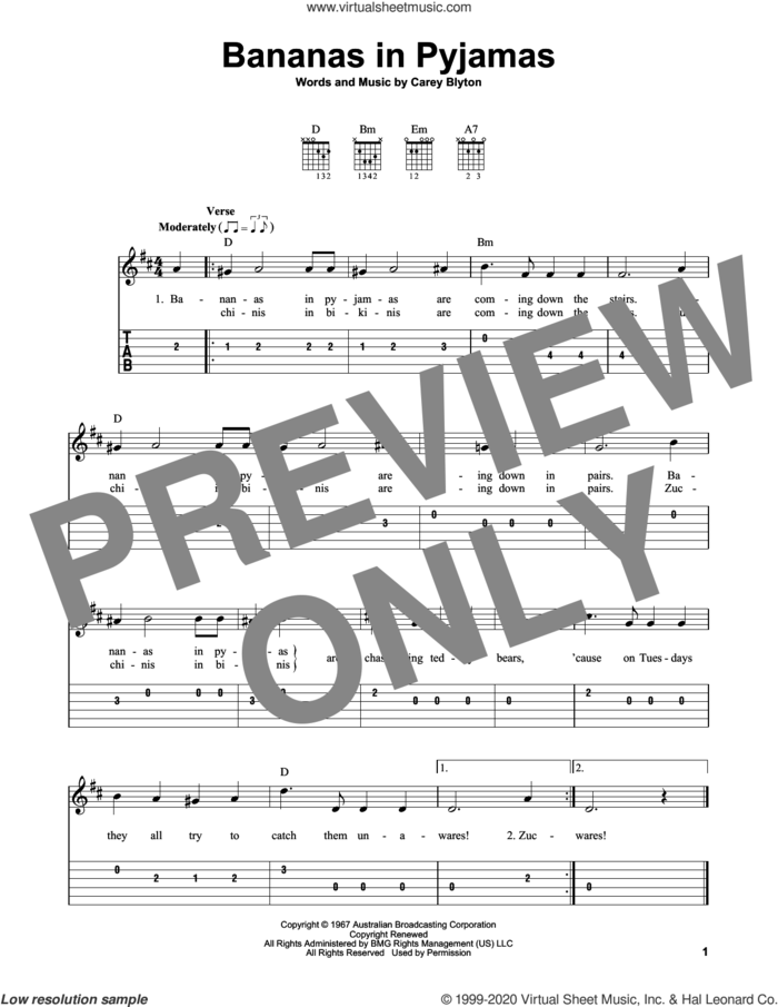 Bananas In Pyjamas sheet music for guitar solo (easy tablature) by Carey Blyton, easy guitar (easy tablature)