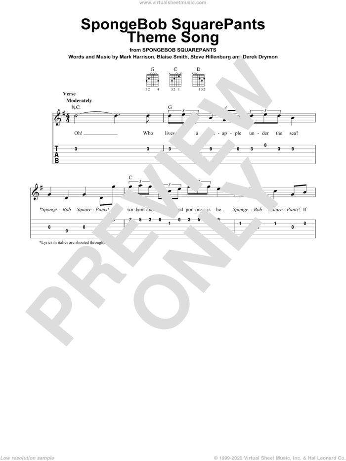 SpongeBob SquarePants Theme Song sheet music for guitar solo (easy tablature) by Blaise Smith, Derek Drym, Mark Harrison and Steve Hillenburg, easy guitar (easy tablature)