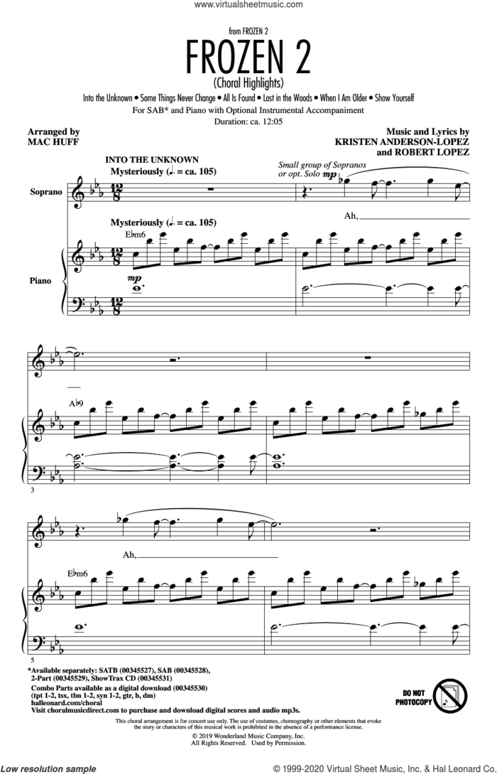 Frozen 2 (Choral Highlights) (arr. Mac Huff) sheet music for choir (SAB: soprano, alto, bass) by Robert Lopez, Mac Huff, Kristen Anderson-Lopez and Kristen Anderson-Lopez & Robert Lopez, intermediate skill level