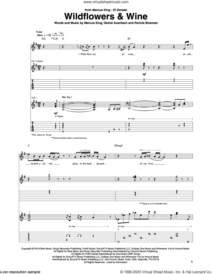 Wildflowers and Wine sheet music for guitar (tablature) by Marcus King, Daniel Auerbach and Ronnie Bowman, intermediate skill level