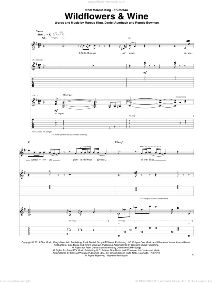 Wildflowers and Wine sheet music for guitar (tablature) by Marcus King, Daniel Auerbach and Ronnie Bowman, intermediate skill level