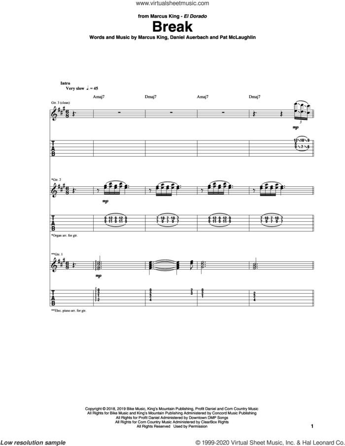 Break sheet music for guitar (tablature) by Marcus King, Daniel Auerbach and Pat McLaughlin, intermediate skill level
