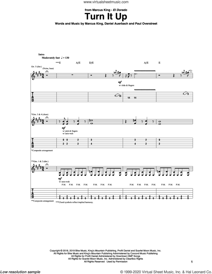 Turn It Up sheet music for guitar (tablature) by Marcus King, Daniel Auerbach and Paul Overstreet, intermediate skill level