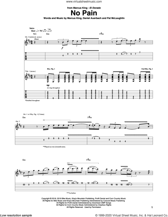 No Pain sheet music for guitar (tablature) by Marcus King, Daniel Auerbach and Pat McLaughlin, intermediate skill level