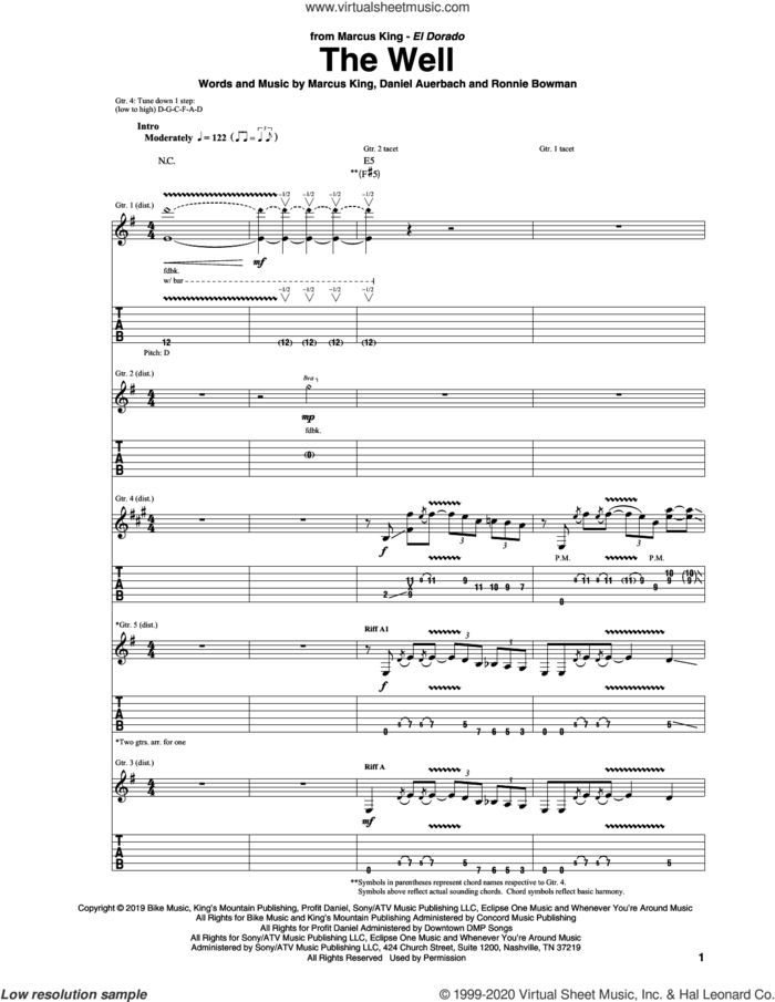 The Well sheet music for guitar (tablature) by Marcus King, Daniel Auerbach and Ronnie Bowman, intermediate skill level