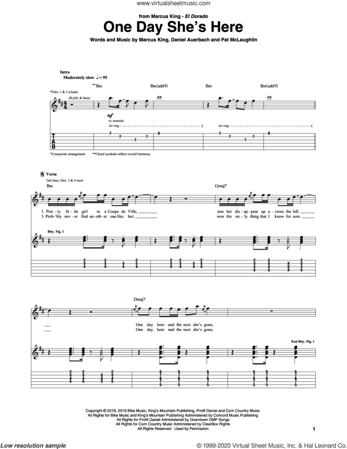 One Day She's Here sheet music for guitar (tablature) by Marcus King, Daniel Auerbach and Pat McLaughlin, intermediate skill level