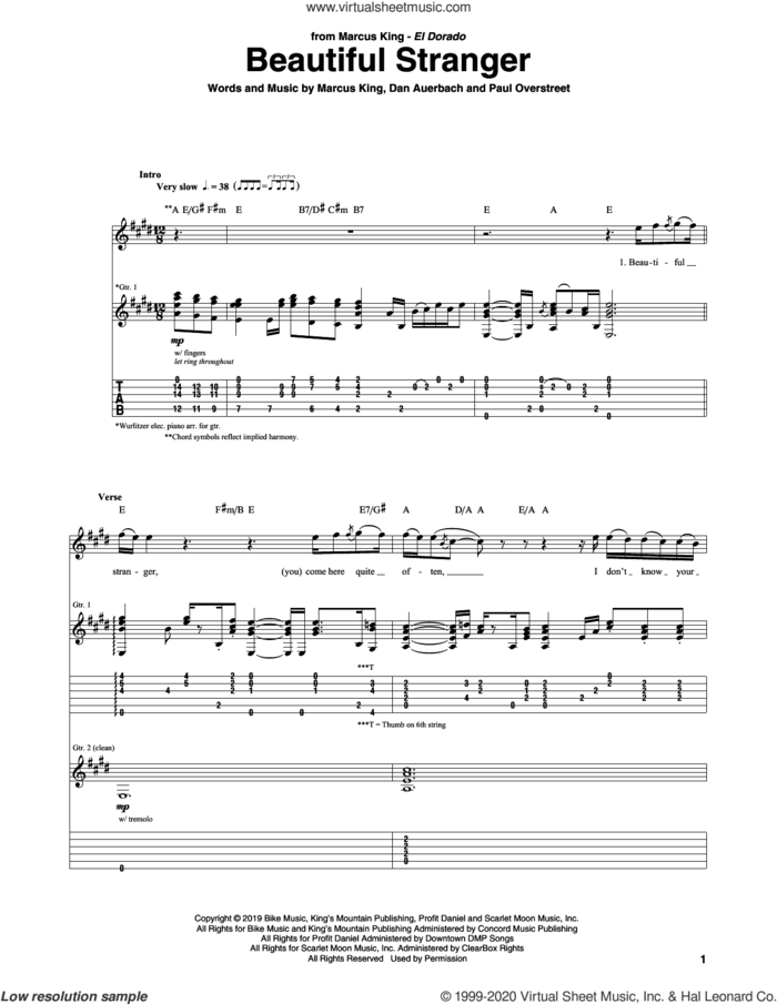 Beautiful Stranger sheet music for guitar (tablature) by Marcus King, Daniel Auerbach and Paul Overstreet, intermediate skill level