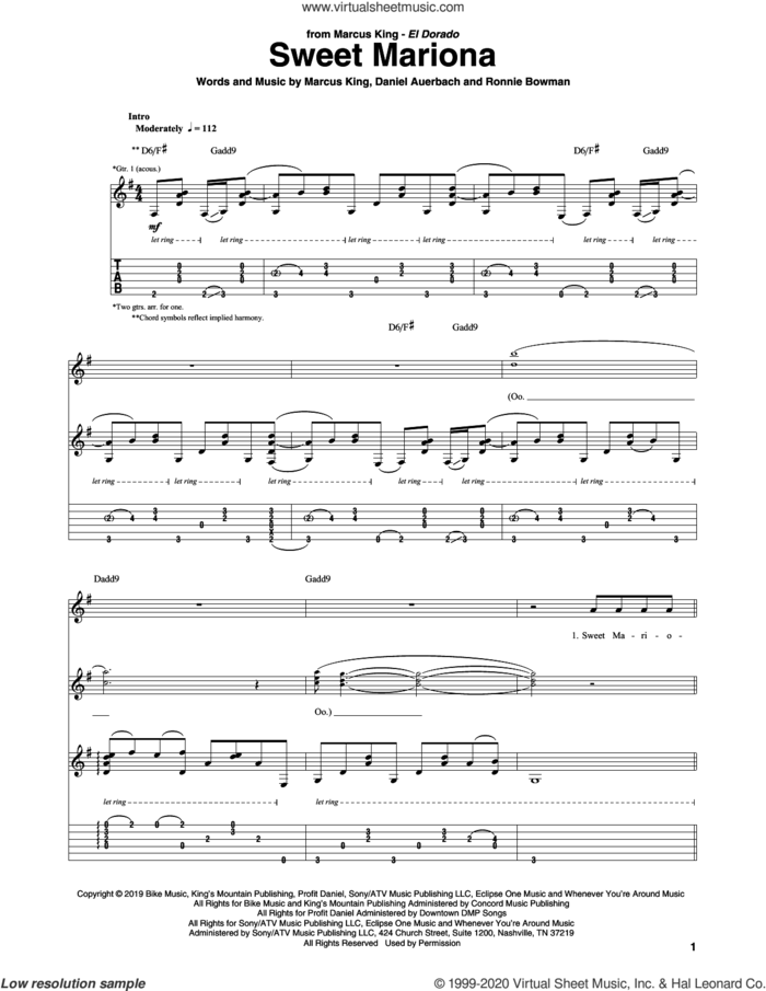 Sweet Mariona sheet music for guitar (tablature) by Marcus King, Daniel Auerbach and Ronnie Bowman, intermediate skill level