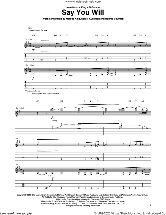 Say You Will sheet music for guitar (tablature) by Marcus King, Daniel Auerbach and Ronnie Bowman, intermediate skill level