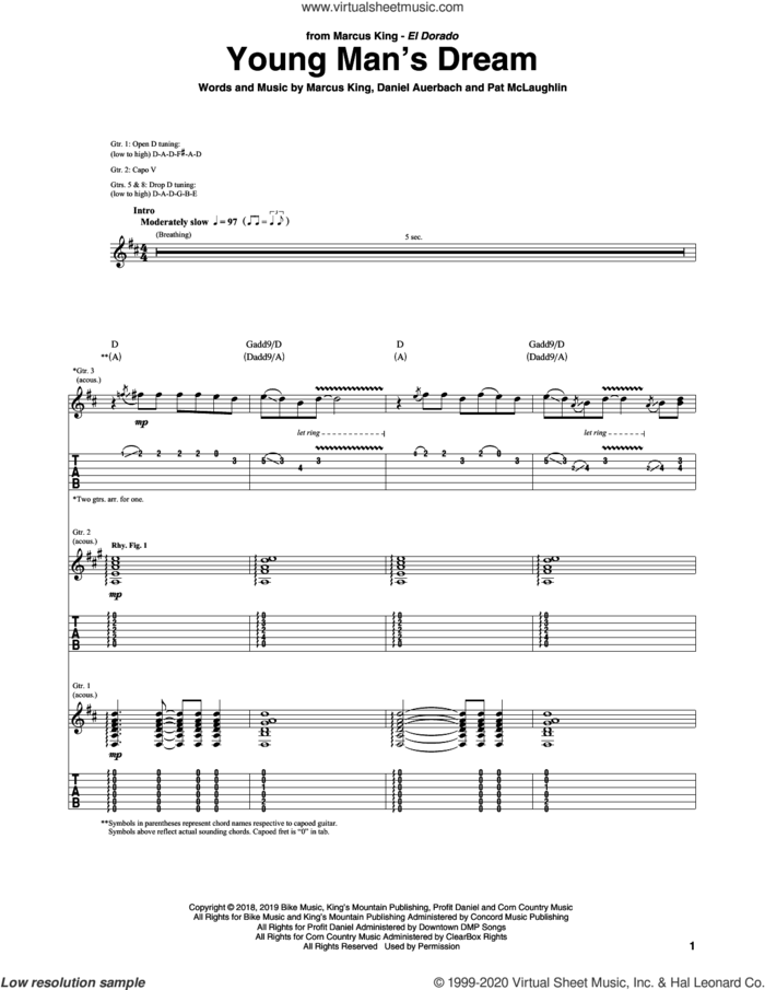 Young Man's Dream sheet music for guitar (tablature) by Marcus King, Daniel Auerbach and Pat McLaughlin, intermediate skill level