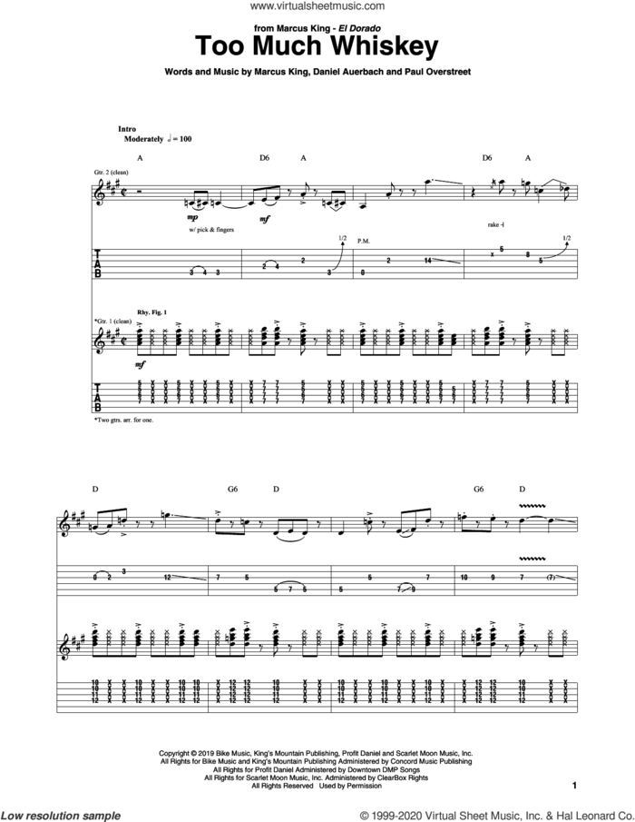 Too Much Whiskey sheet music for guitar (tablature) by Marcus King, Daniel Auerbach and Paul Overstreet, intermediate skill level