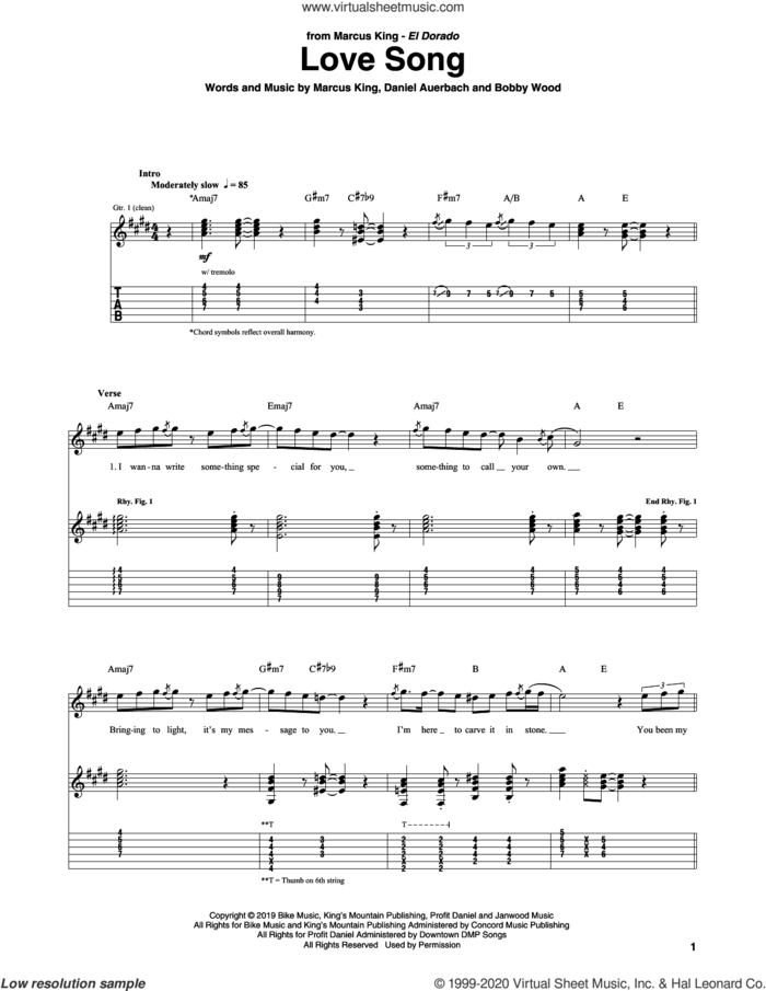 Love Song sheet music for guitar (tablature) by Marcus King, Bobby Wood and Daniel Auerbach, intermediate skill level