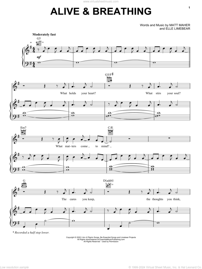 Alive and Breathing (feat. Elle Limebear) sheet music for voice, piano or guitar by Matt Maher and Elle Limebear, intermediate skill level