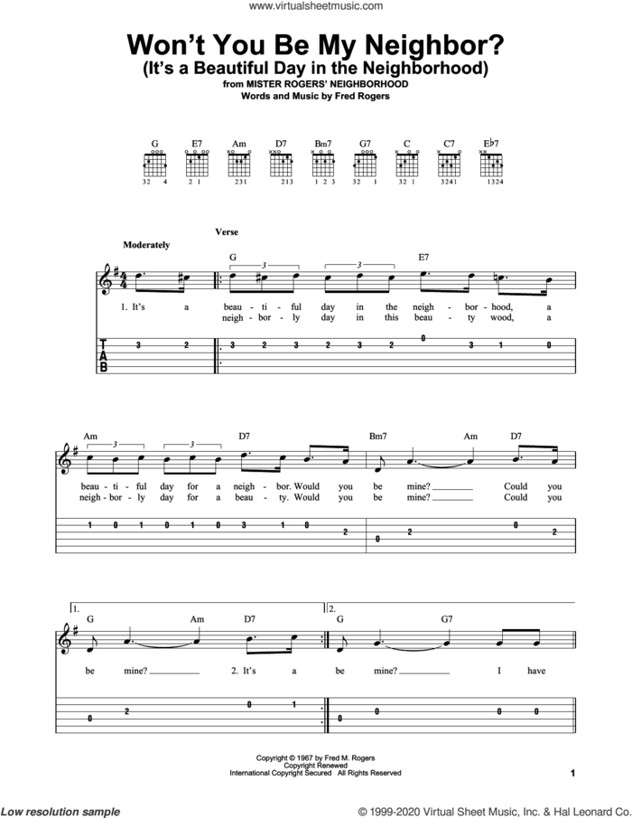 Won't You Be My Neighbor? (It's A Beautiful Day In The Neighborhood) sheet music for guitar solo (easy tablature) by Fred Rogers, easy guitar (easy tablature)