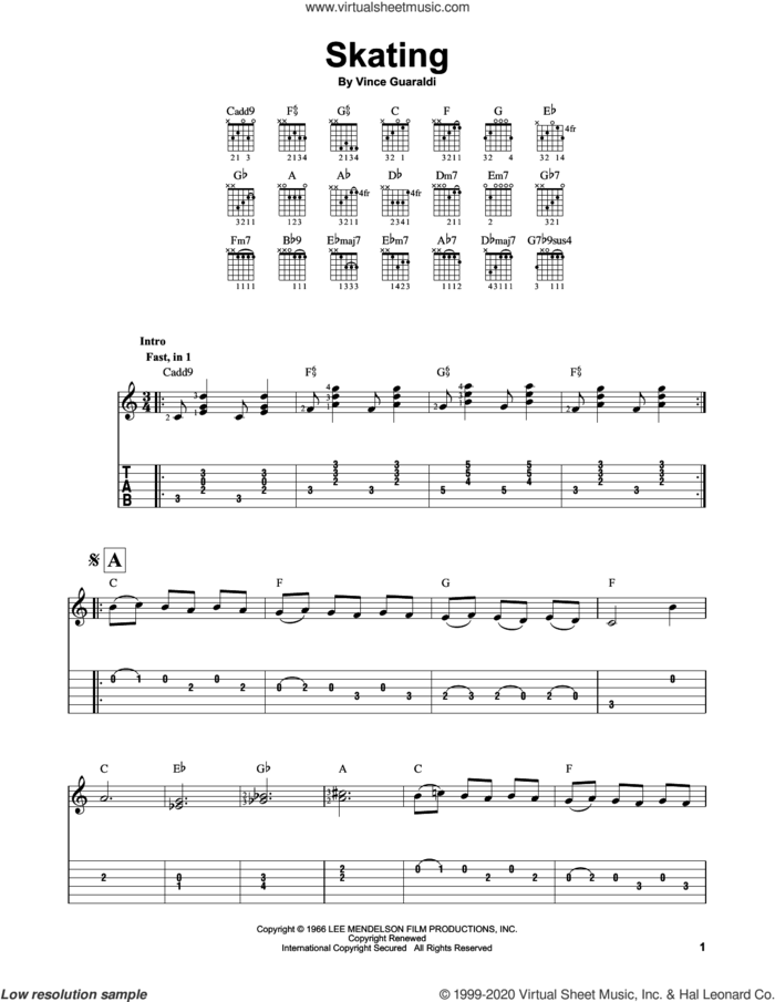 Skating sheet music for guitar solo (easy tablature) by Vince Guaraldi, easy guitar (easy tablature)