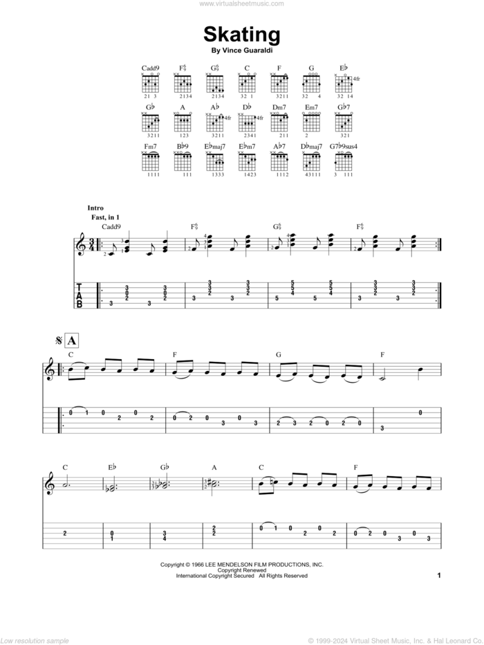 Skating sheet music for guitar solo (easy tablature) by Vince Guaraldi, easy guitar (easy tablature)