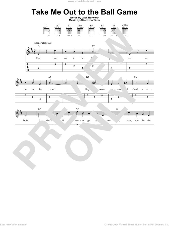 Take Me Out To The Ball Game sheet music for guitar solo (easy tablature) by Albert von Tilzer, Jack Norworth and Jack Norworth and Albert von Tilzer, easy guitar (easy tablature)