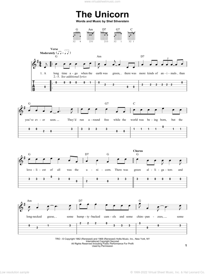 The Unicorn sheet music for guitar solo (easy tablature) by Irish Rovers and Shel Silverstein, easy guitar (easy tablature)