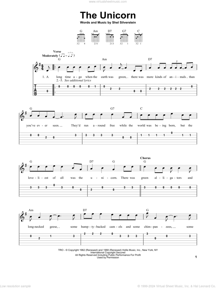 The Unicorn sheet music for guitar solo (easy tablature) by Irish Rovers and Shel Silverstein, easy guitar (easy tablature)