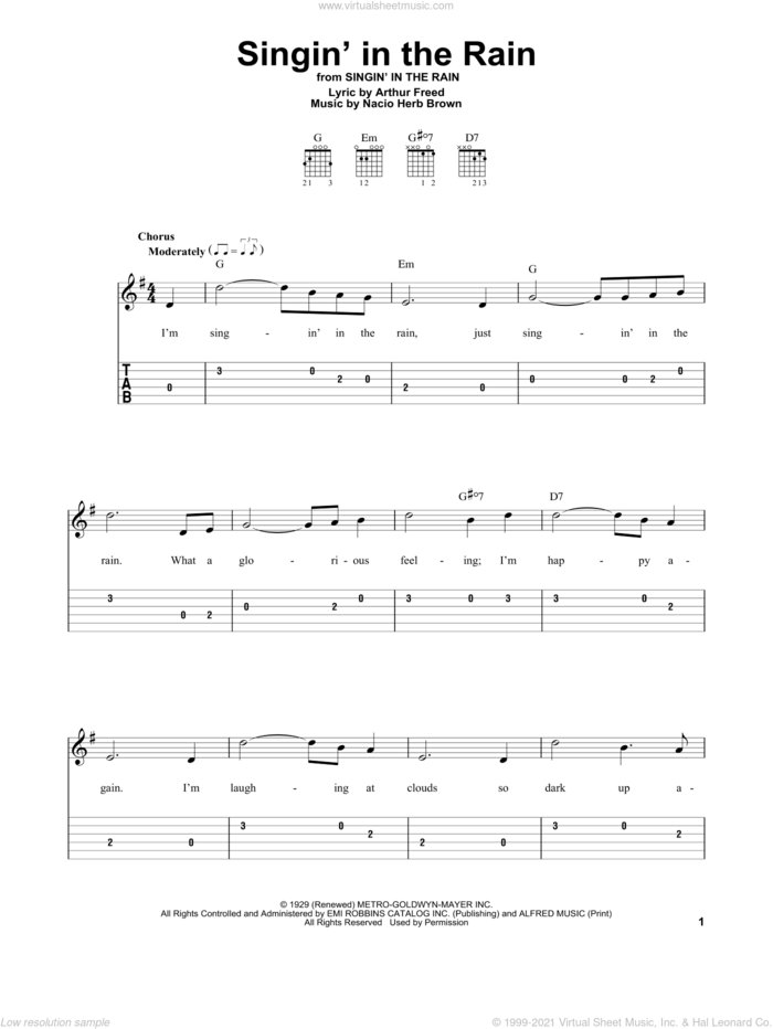Singin' In The Rain sheet music for guitar solo (easy tablature) by Gene Kelly, Arthur Freed and Nacio Herb Brown, easy guitar (easy tablature)