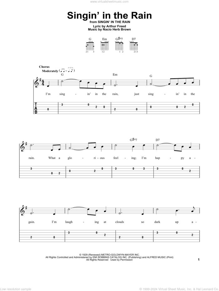 Singin' In The Rain sheet music for guitar solo (easy tablature) by Gene Kelly, Arthur Freed and Nacio Herb Brown, easy guitar (easy tablature)