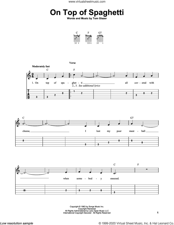 On Top Of Spaghetti sheet music for guitar solo (easy tablature) by Tom Glazer, easy guitar (easy tablature)
