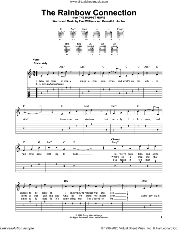 The Rainbow Connection sheet music for guitar solo (easy tablature) by Paul Williams and Kenneth L. Ascher, easy guitar (easy tablature)