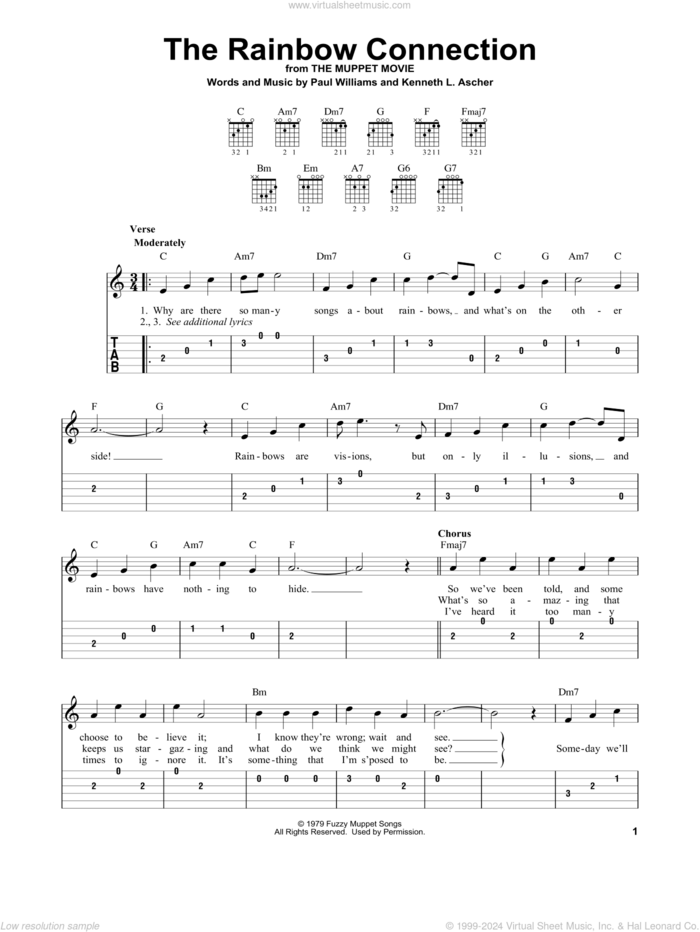 The Rainbow Connection sheet music for guitar solo (easy tablature) by Paul Williams and Kenneth L. Ascher, easy guitar (easy tablature)