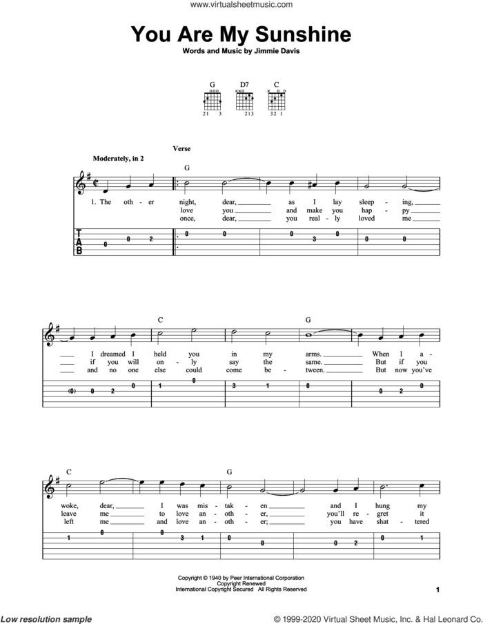 You Are My Sunshine sheet music for guitar solo (easy tablature) by Jimmie Davis, easy guitar (easy tablature)