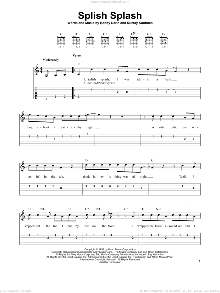 Splish Splash sheet music for guitar solo (easy tablature) by Bobby Darin and Murray Kaufman, easy guitar (easy tablature)