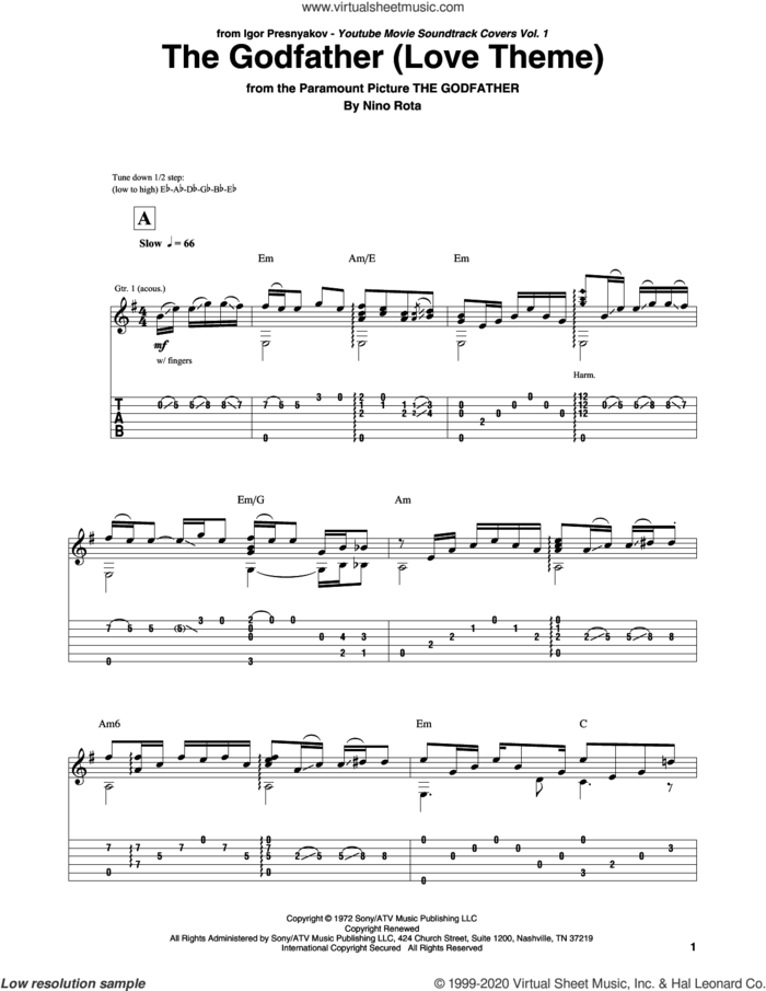 The Godfather (Love Theme), (intermediate) sheet music for guitar solo by Nino Rota, intermediate skill level