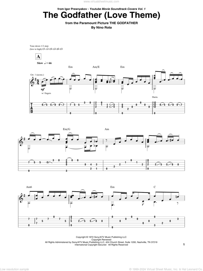 The Godfather (Love Theme), (intermediate) sheet music for guitar solo by Nino Rota, intermediate skill level