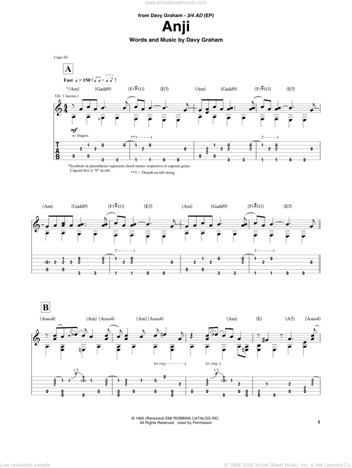 Anji sheet music for guitar solo by Davy Graham, intermediate skill level