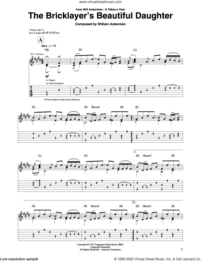 The Bricklayer's Beautiful Daughter sheet music for guitar solo by Will Ackerman and William Ackerman, intermediate skill level