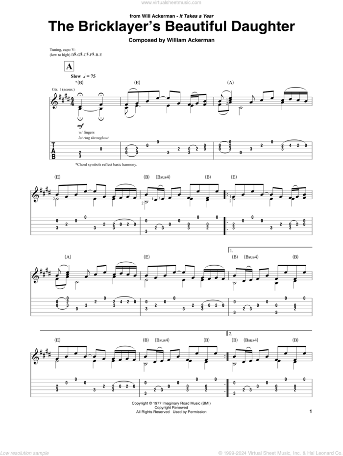 The Bricklayer's Beautiful Daughter sheet music for guitar solo by Will Ackerman and William Ackerman, intermediate skill level