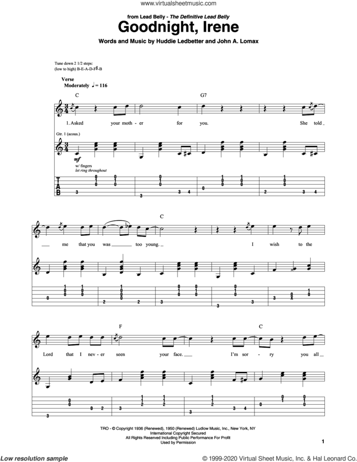 Goodnight, Irene sheet music for guitar solo by Peter, Paul & Mary, Ernest Tubb & Red Foley, Johnny Cash, Huddie Ledbetter and John A. Lomax, intermediate skill level