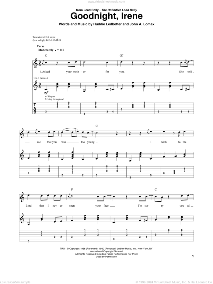 Goodnight, Irene sheet music for guitar solo by Peter, Paul & Mary, Ernest Tubb & Red Foley, Johnny Cash, Huddie Ledbetter and John A. Lomax, intermediate skill level