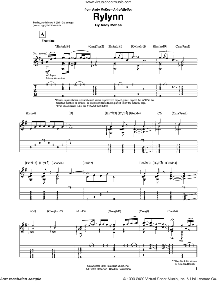 Rylynn sheet music for guitar solo by Andy McKee, intermediate skill level