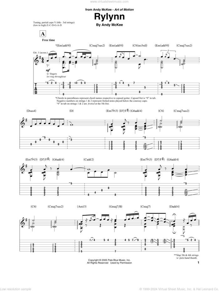 Rylynn sheet music for guitar solo by Andy McKee, intermediate skill level