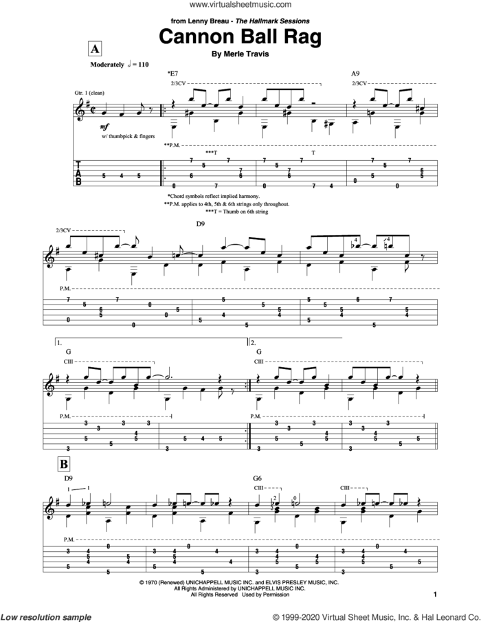 Cannon Ball Rag sheet music for guitar solo by Merle Travis, intermediate skill level