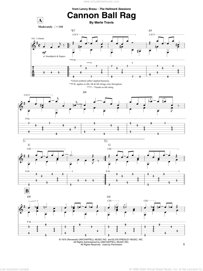 Cannon Ball Rag sheet music for guitar solo by Merle Travis, intermediate skill level