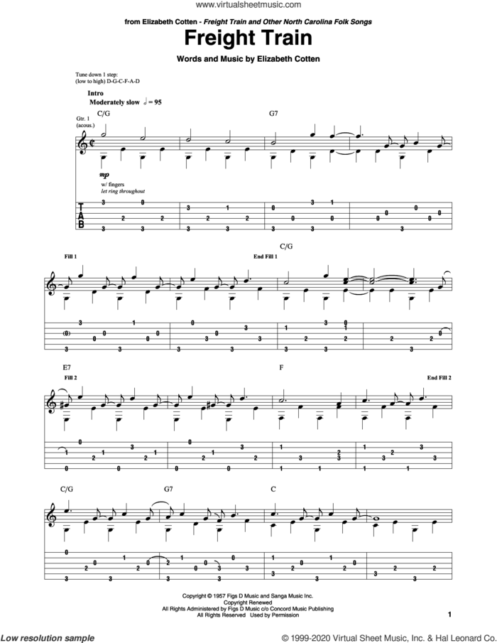 Freight Train sheet music for guitar solo by Elizabeth Cotten, intermediate skill level
