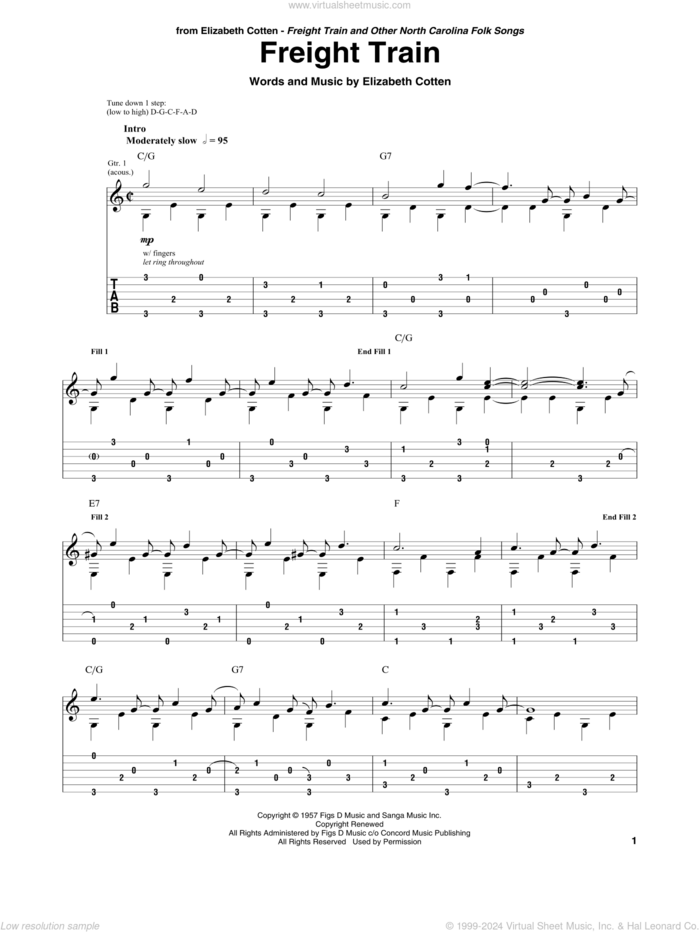 Freight Train sheet music for guitar solo by Elizabeth Cotten, intermediate skill level