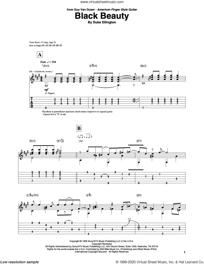 Black Beauty sheet music for guitar solo by Duke Ellington, intermediate skill level