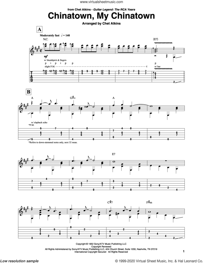 Chinatown, My Chinatown sheet music for guitar solo by Chet Atkins, intermediate skill level