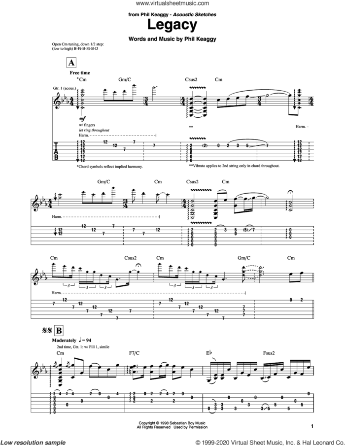 Legacy sheet music for guitar solo by Phil Keaggy, intermediate skill level