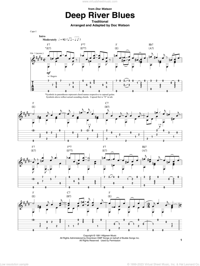 Deep River Blues sheet music for guitar solo by Doc Watson and Miscellaneous, intermediate skill level