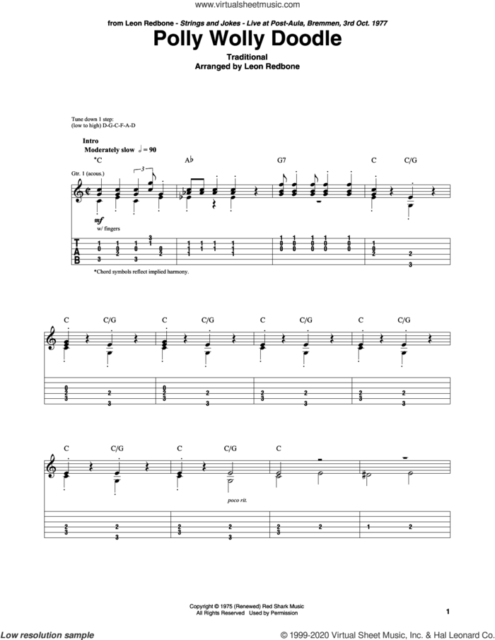 Polly Wolly Doodle sheet music for guitar solo, intermediate skill level