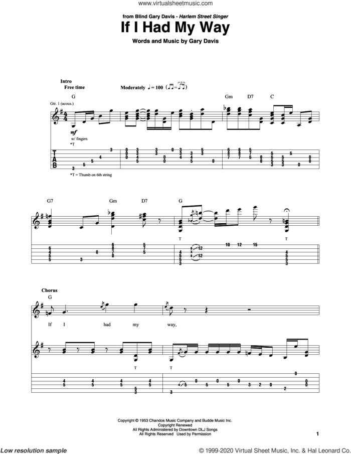 If I Had My Way sheet music for guitar solo by Gary Davis, intermediate skill level